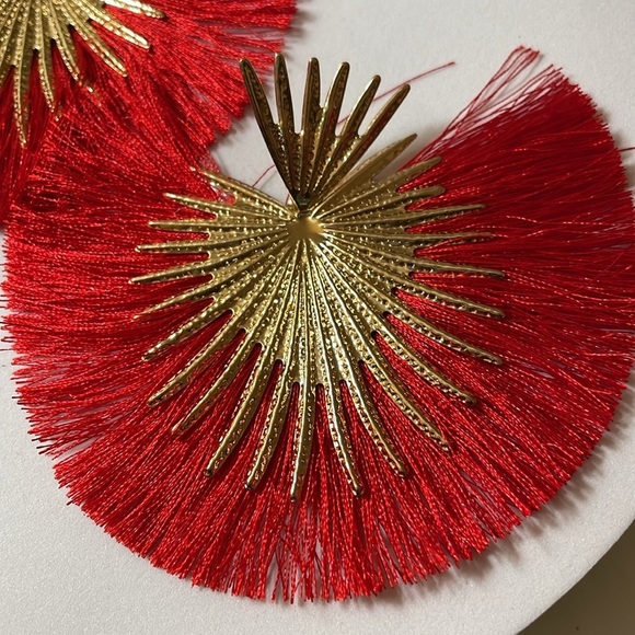 Red Fan Fringe Oversized Statement Earrings - Picture 5 of 10